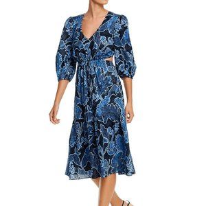 Parker NWT Dixie Printed Tie Waist Midi Length Marine Safari Blue Dress New